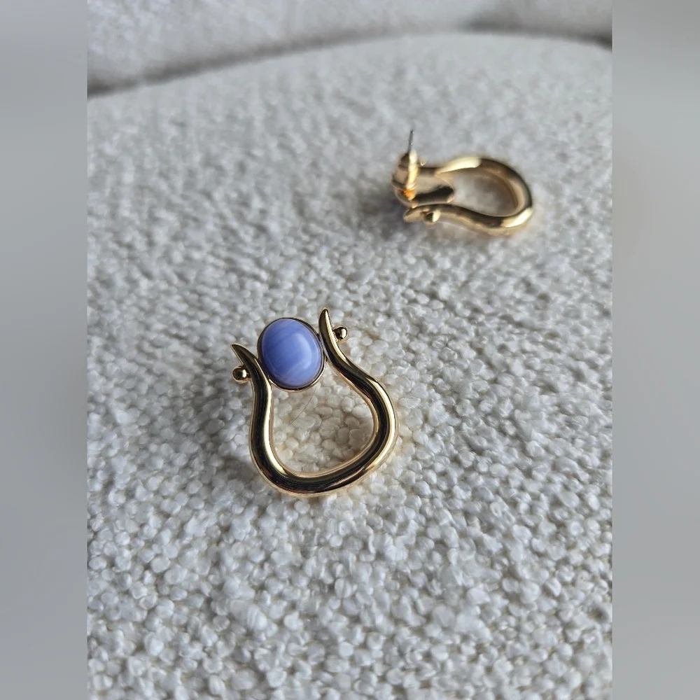 Anthropologie, Stone Horseshoe Earrings, Gold/Blue, MSRP $48